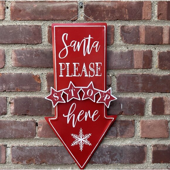 Vtg Style Metal Sign Santa Please Stop Here Arrow Red White Christmas Decor 17" - Picture 1 of 6